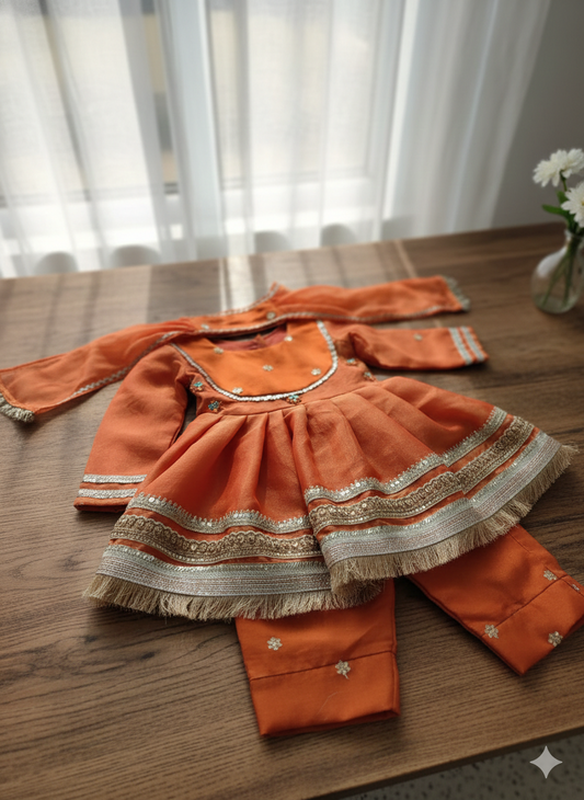 Rust Cotton Kurti Pant Set For Kids Girl