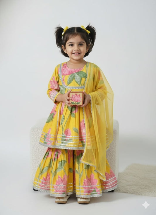 Yellow Cotton Floral Sharara Set For Kids Girl