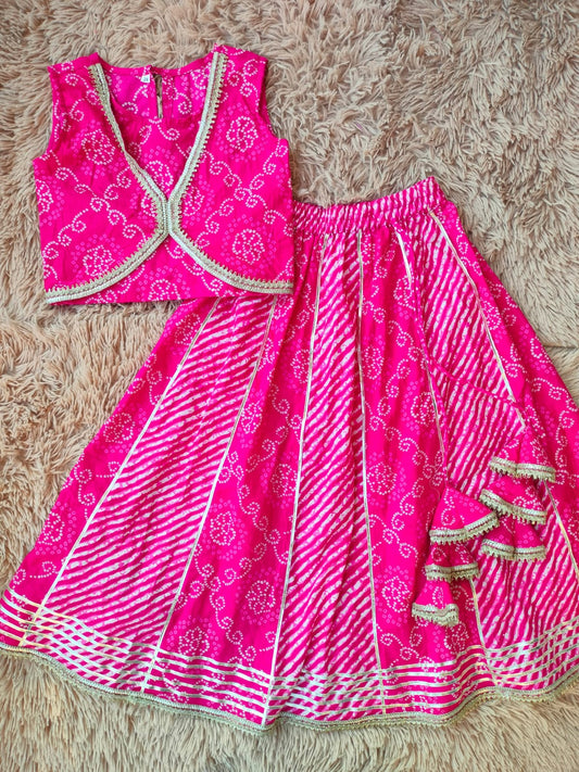Hot Pink Cotton Lehariya Jari Lahenga Set For Kids Girl