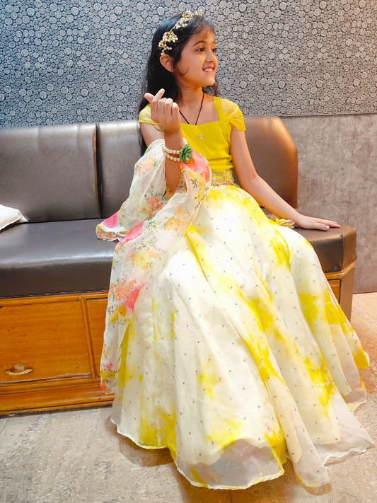 Yellow Cotton Tye N Dye Skirt N Crop Top For Kids Girl