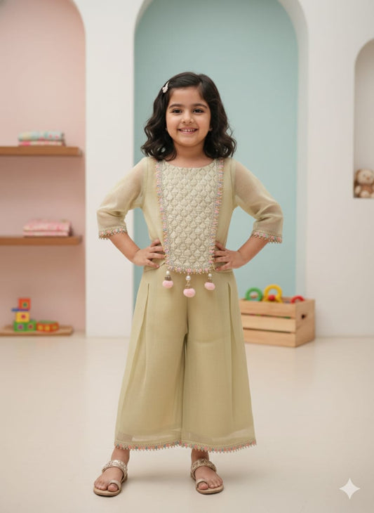 Pista Green Cotton Kota Doria Coord Set For Kids Girl