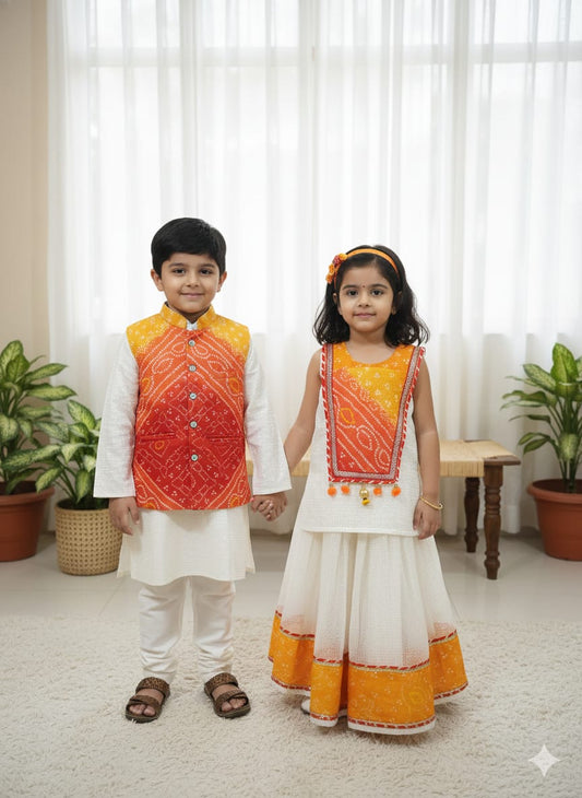 Off White Cotton Bandhani Kota Doria Set For Kids Girl