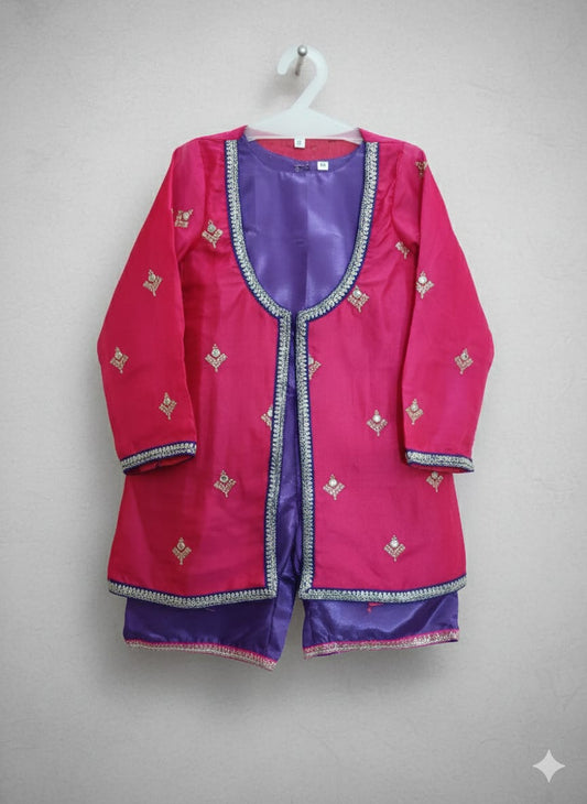 Rani And Beige Cotton Kothi Set For Kids Girl