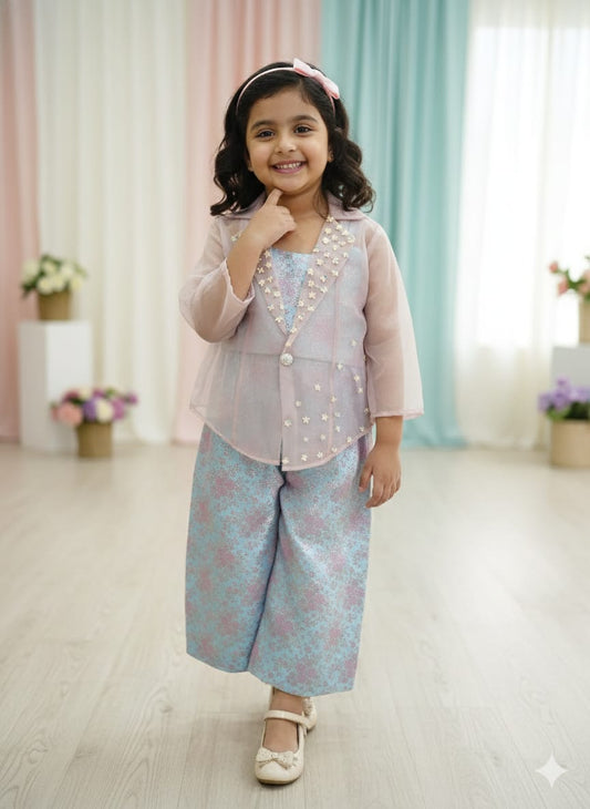 Light Blue Cotton Brocade Coord Set For Kids Girl