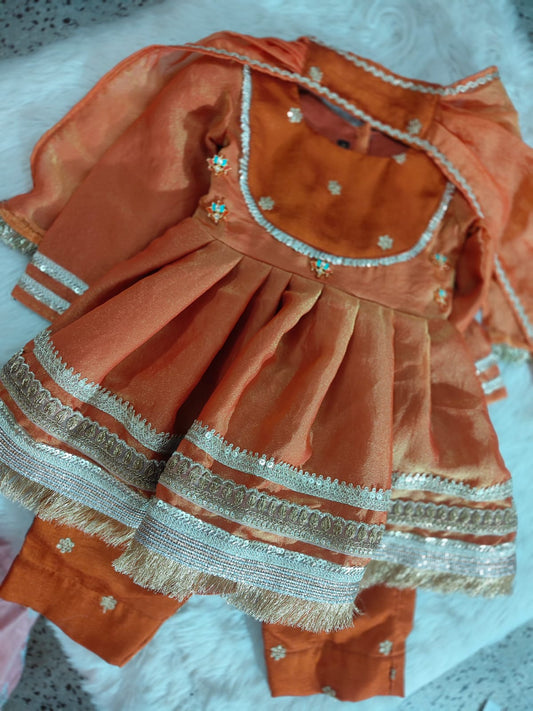 Rust Cotton Kurti Pant Set For Kids Girl