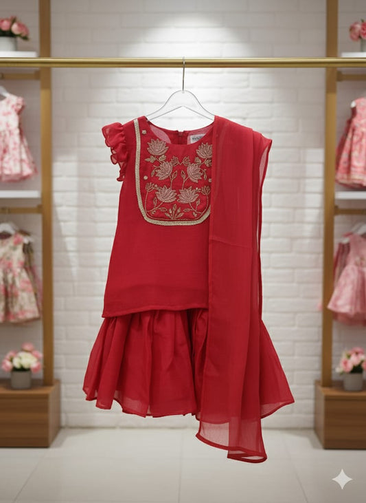 Cherry Red Cotton Chinnon Sharar Set For Kids Girl