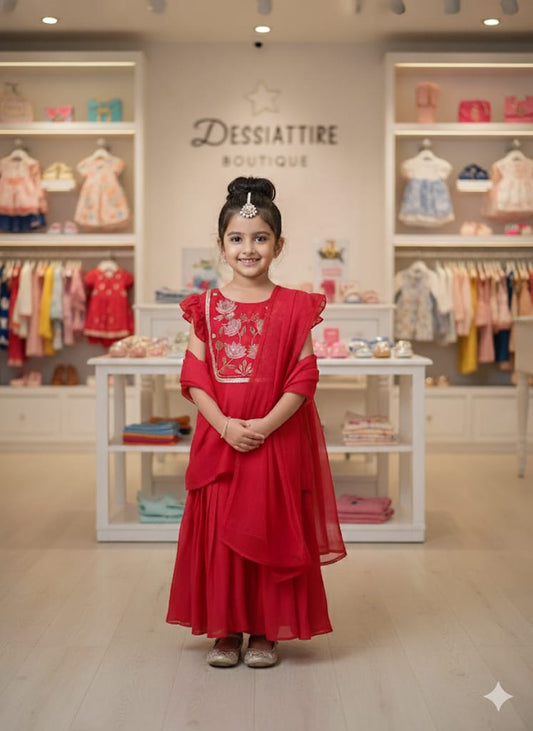 Cherry Red Cotton Chinnon Sharar Set For Kids Girl