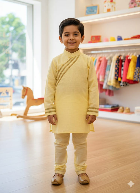 Light Purple Cotton Kota Doria Kurta Set For Kids Boy