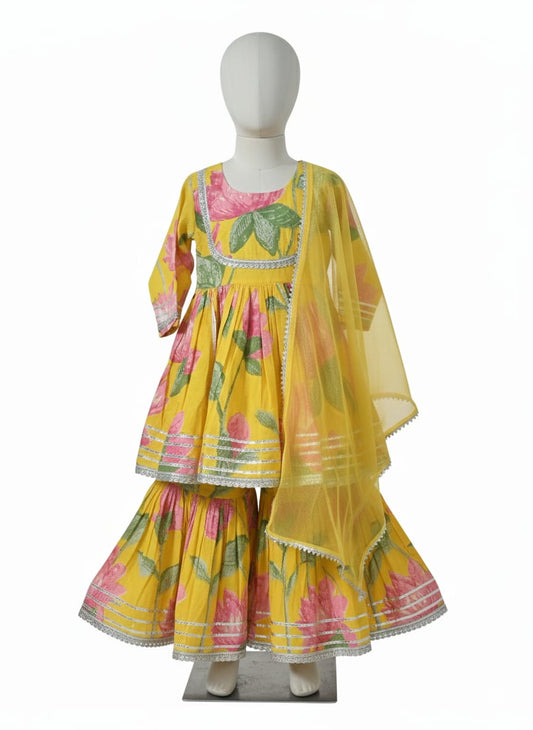 Yellow Cotton Floral Sharara Set For Kids Girl