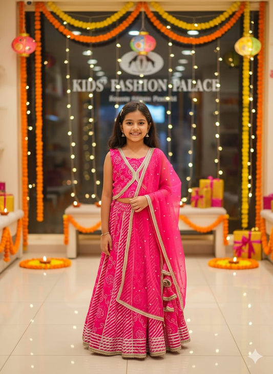 Hot Pink Cotton Lehariya Jari Lahenga Set For Kids Girl