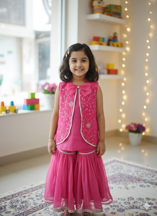 Hot Pink Cotton Sharara Set For Kids Girl