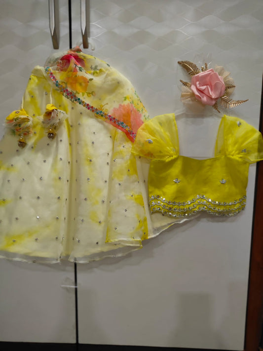 Yellow Cotton Tye N Dye Skirt N Crop Top For Kids Girl