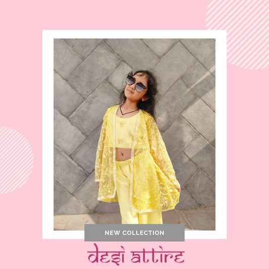 Yellow Cotton Coord Set Wit Jacket For Kids Girl