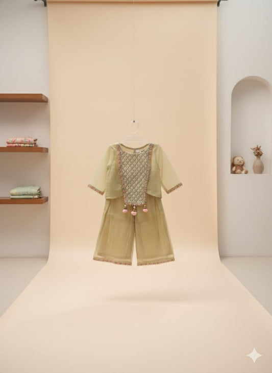 Pista Green Cotton Kota Doria Coord Set For Kids Girl
