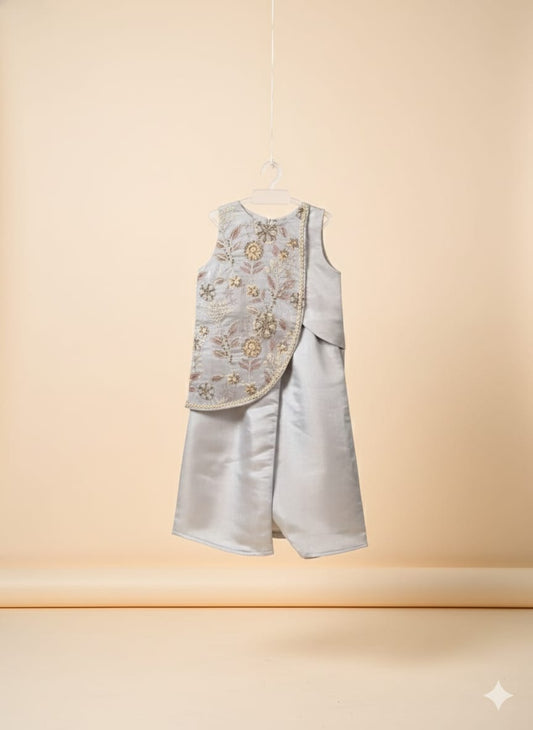 Gray Cotton Cosmo Tissue Cord Set For Kids Girl