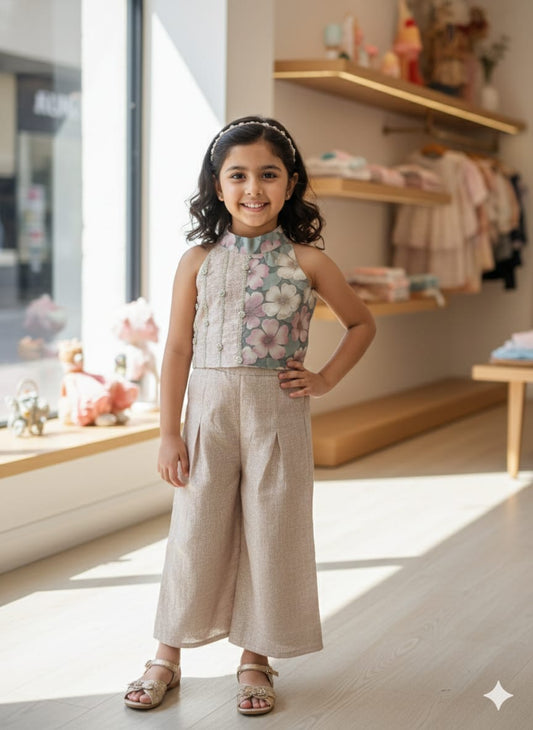 Multicolor Off White Cotton Kota Tissue Halter Neck Coord Set For Kids Girl