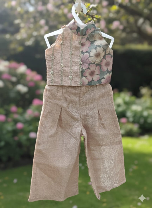 Multicolor Off White Cotton Kota Tissue Halter Neck Coord Set For Kids Girl