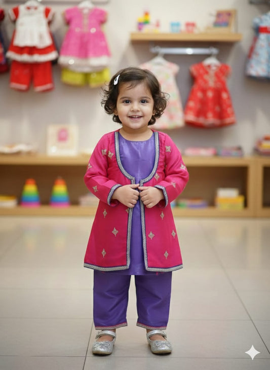 Rani And Beige Cotton Kothi Set For Kids Girl