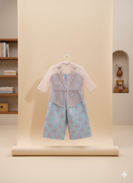 Light Blue Cotton Brocade Coord Set For Kids Girl