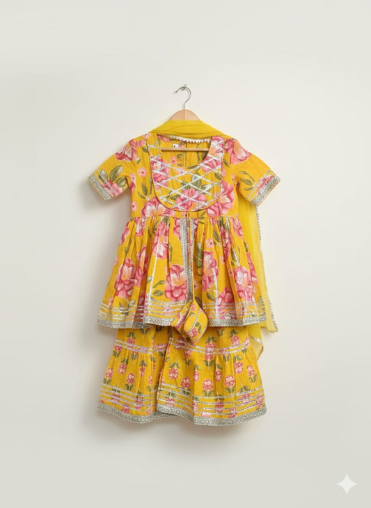 Yellow Cotton Floral Jari Sharara Set For Kids Girl