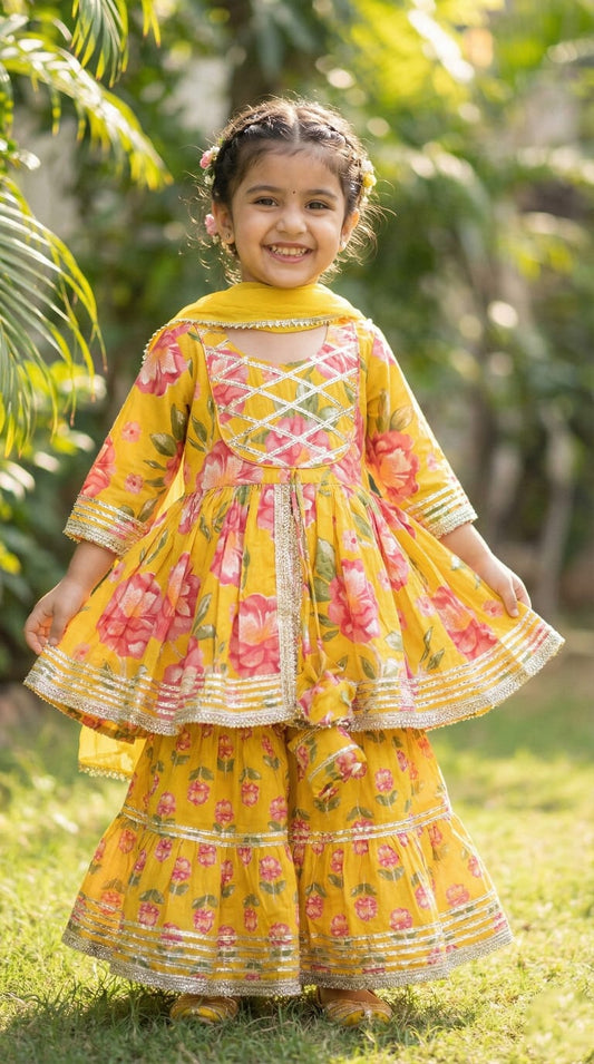 Yellow Cotton Floral Jari Sharara Set For Kids Girl